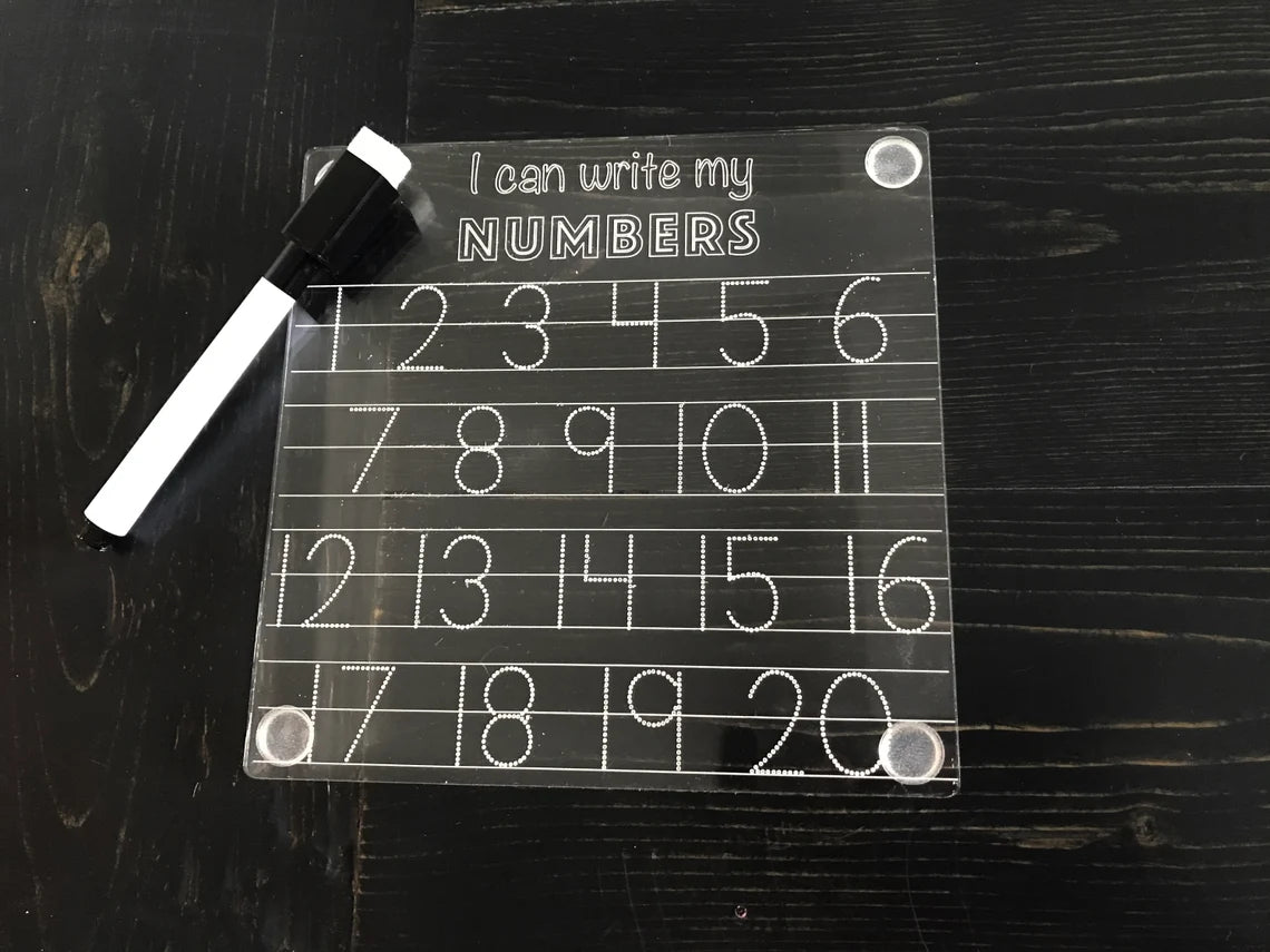 Reusable Tracing Dry Erase Boards - Regular Font | Cursive Font | Numbers | Shapes | Tie My Shoe | Time Clock | All About Me | Custom Names | Months Of The Year | Days Of The Week