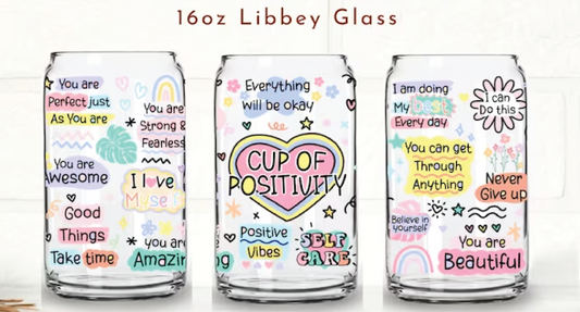 Cup Of Positivity 16oz Libby Glass with Lid and Straw