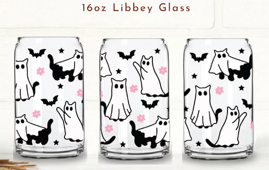 Ghost Cats Halloween 16oz Libby Glass with Lid and Straw